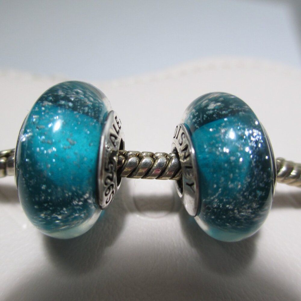 2 Pieces Disney Jasmine's Signature Color Teal Green Pandora Murano Glass Charms